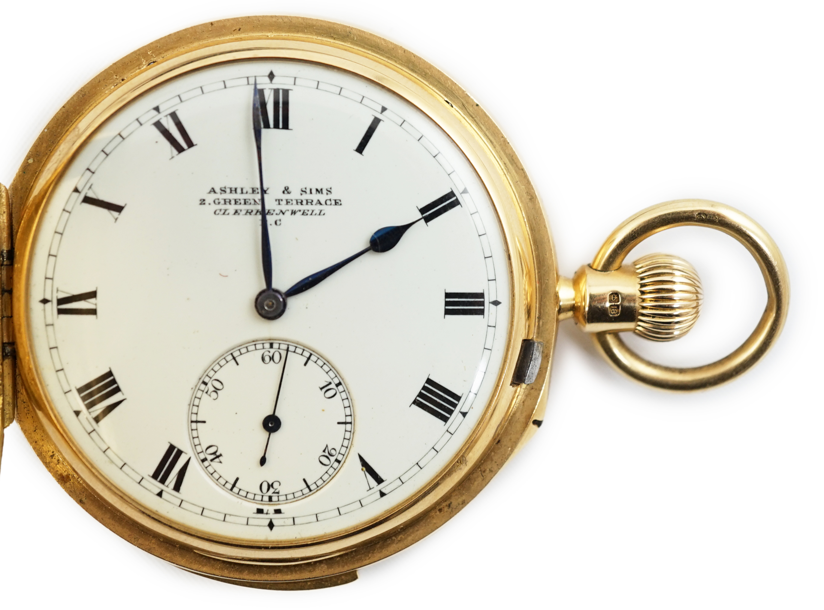 A George V 18ct gold hunter minute repeating lever pocket watch, by Ashley & Sims of Clerkenwell